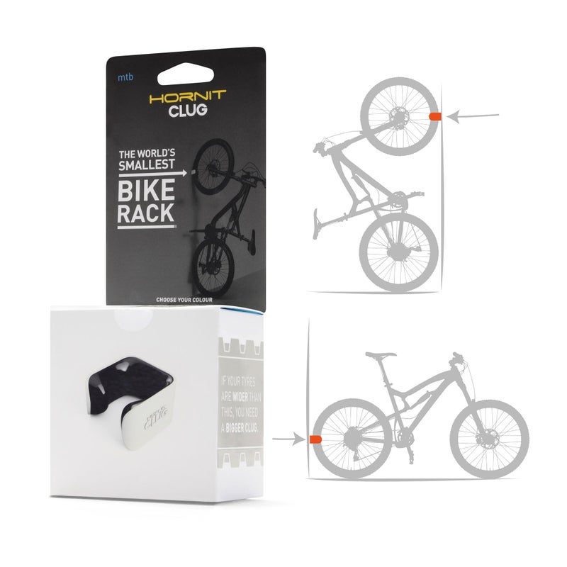 Hornit CLUG Bike Clip Storage Rack & Mount System - Worldâ€™s Smallest Bike Rack for Indoor/Outdoor Bike Storage - Won't Damage Rims, Tires - MTB XL 2.3" - 2.7" / 58-69mm - White/Orange - Image 1